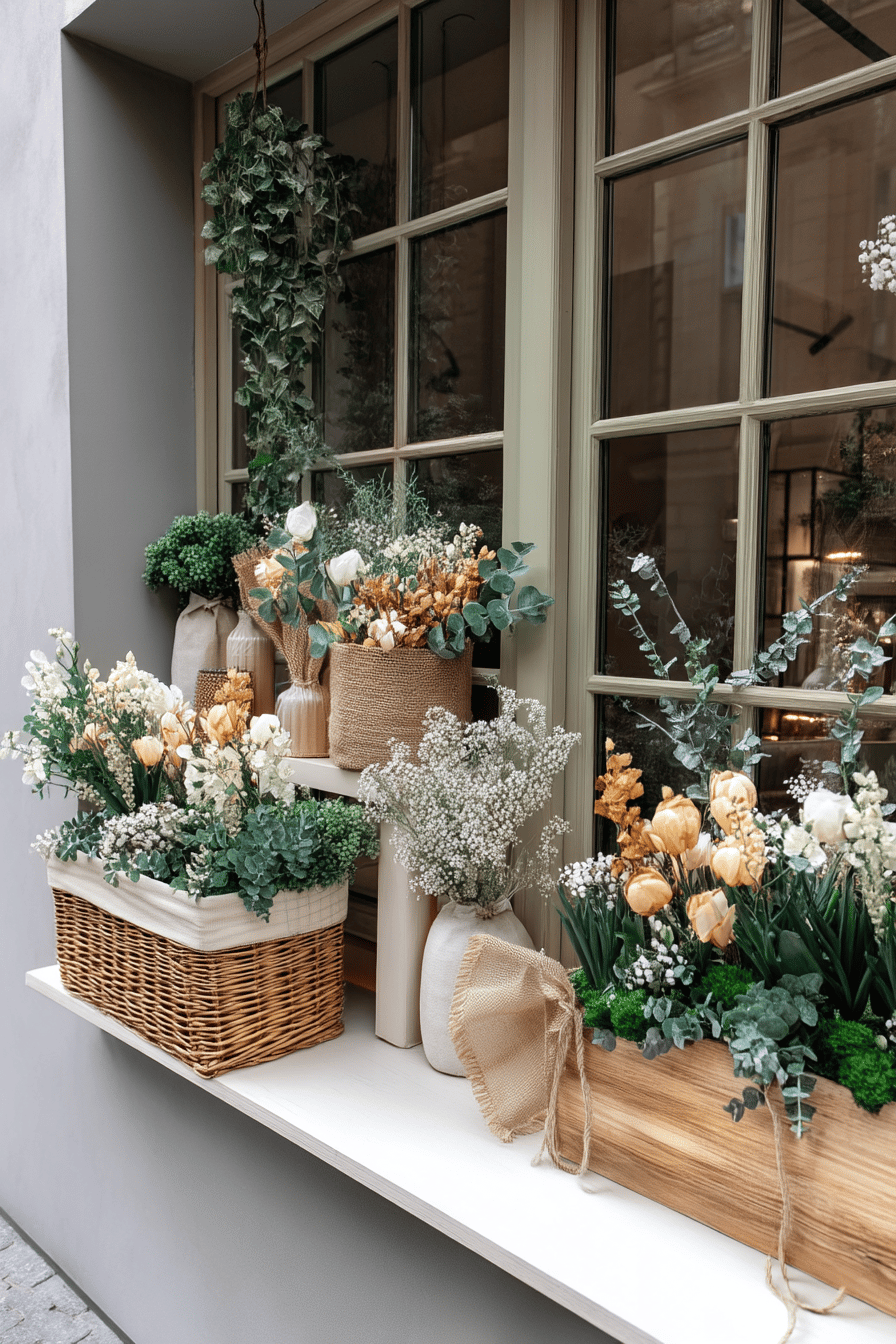 Ein Fensterbrett dekoriert mit Körben und Töpfen voller frischer Frühlingsblumen.