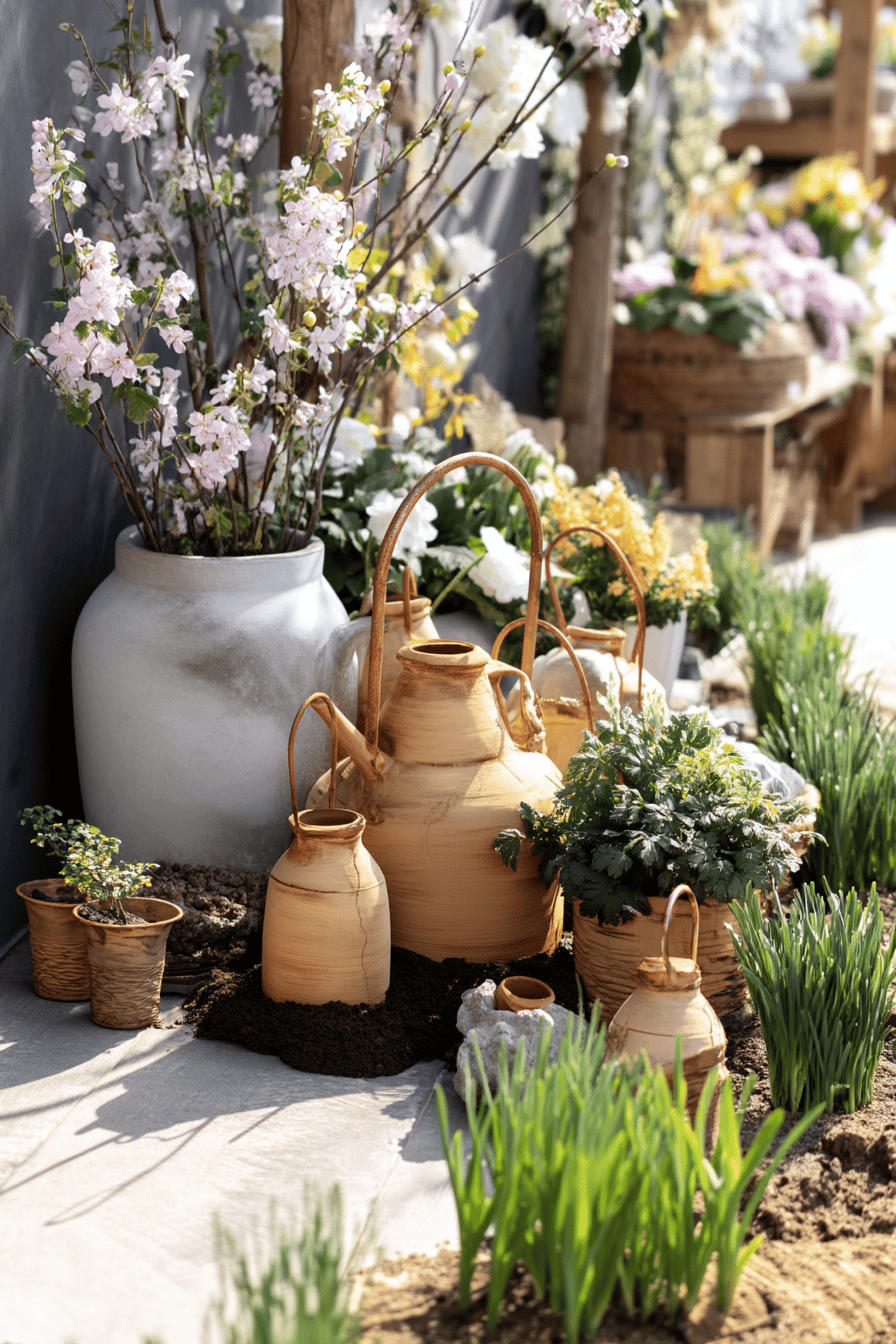 Gartenbeet mit Rostdeko, Tongefäßen und Frühlingsblumen.