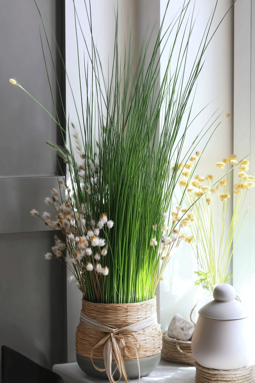 Ein Topf mit hochgewachsenem Weizengras, dekoriert mit kleinen Blüten.