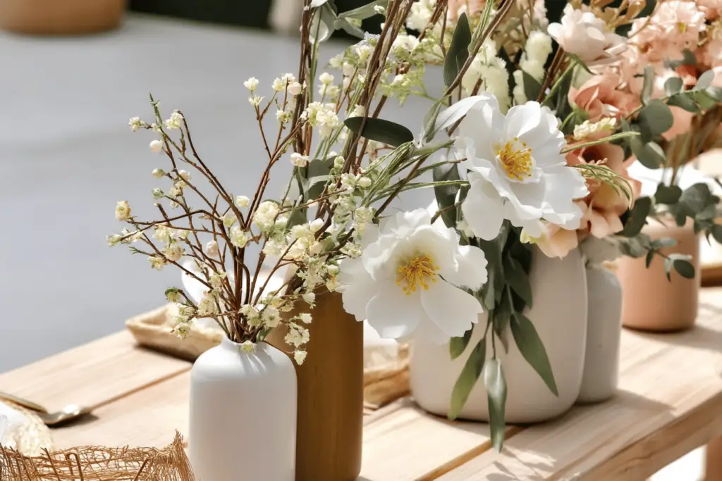 Blumendekoration auf Tisch in Vasen