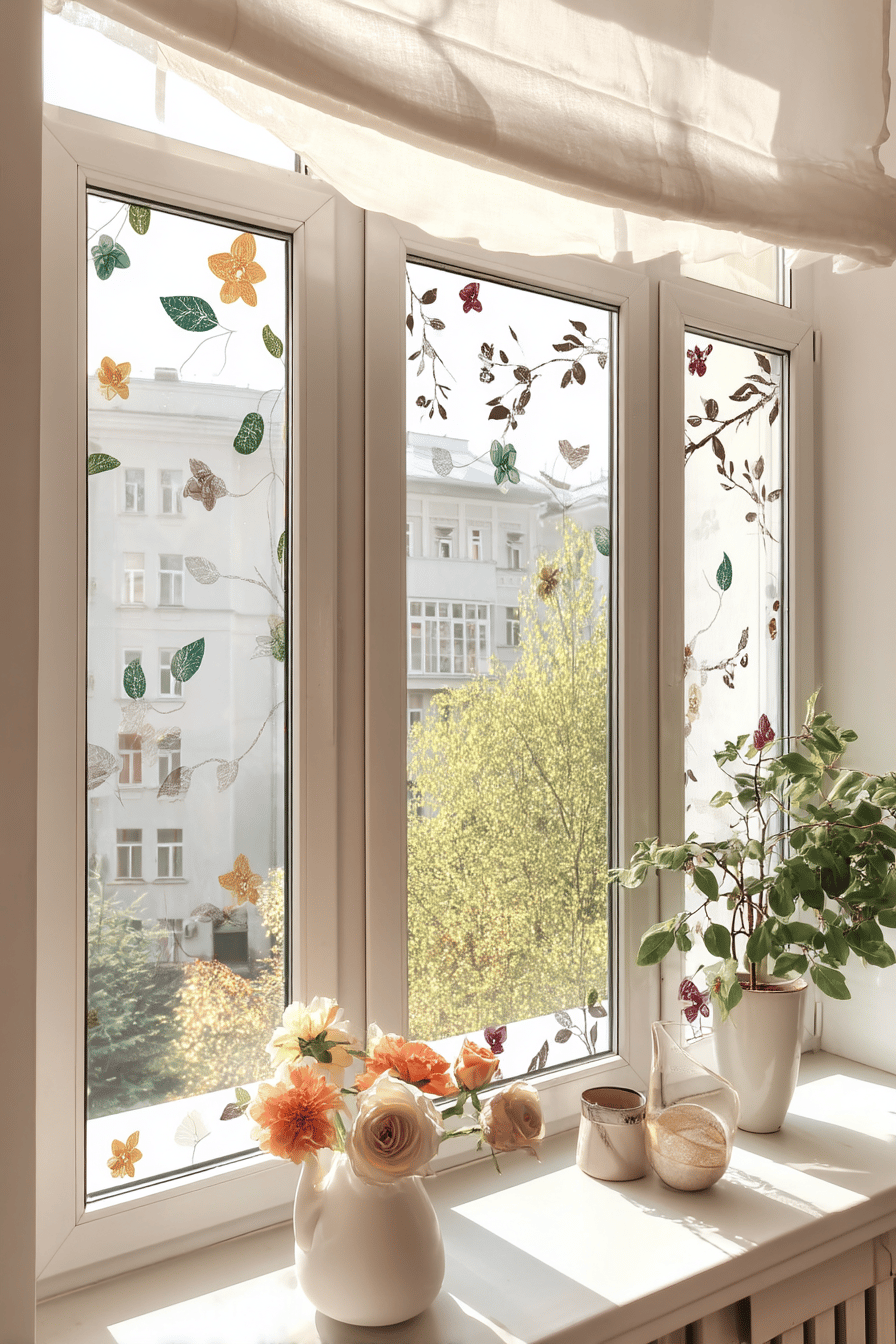 Ein Fenster mit dekorativen Frühlingsfolien und Blumenvasen auf der Fensterbank.