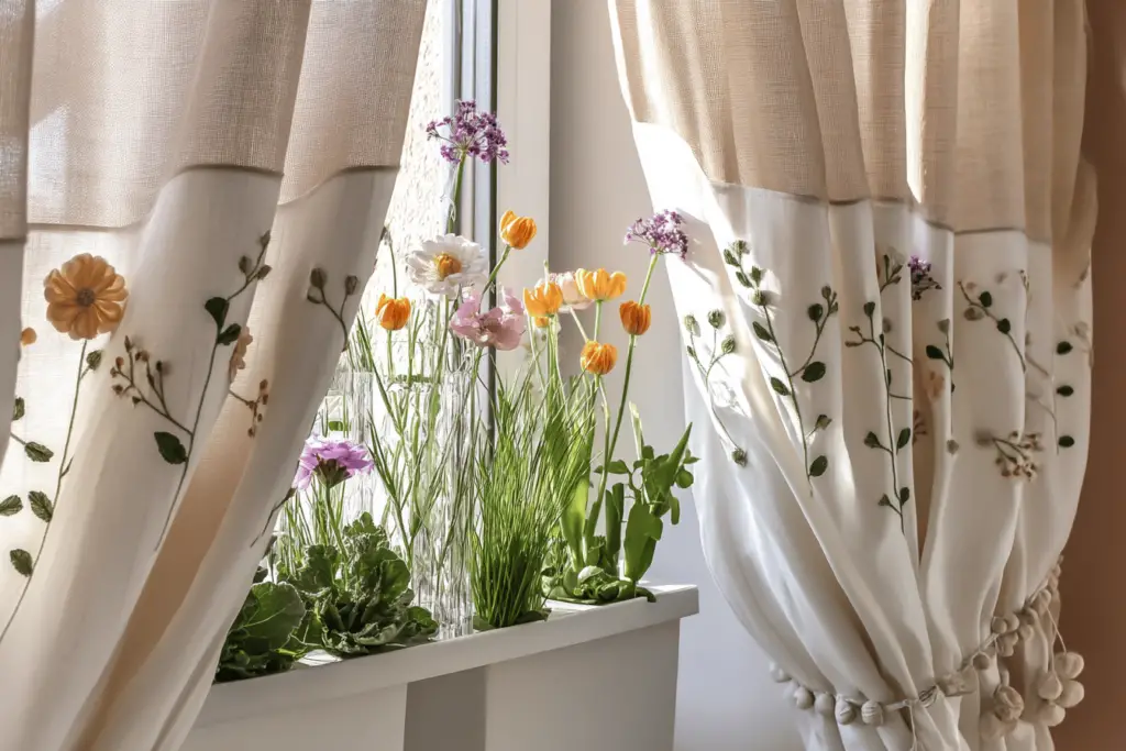 Blumen und Vorhänge am Fenster im Sonnenlicht.