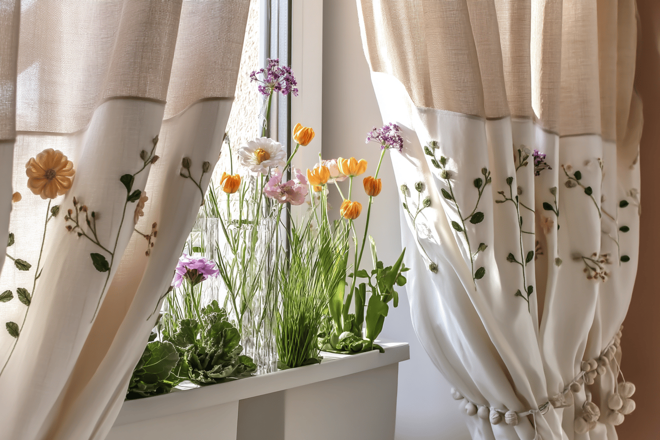 Blumen und Vorhänge am Fenster im Sonnenlicht.