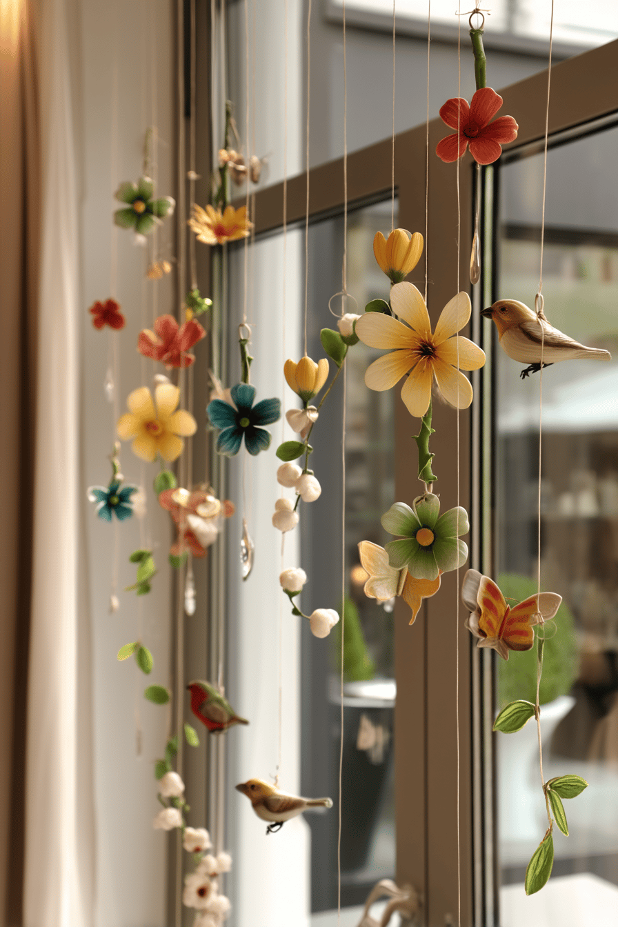 Bunte Blumen und Vogelanhänger hängen dekorativ vor einem Fenster.