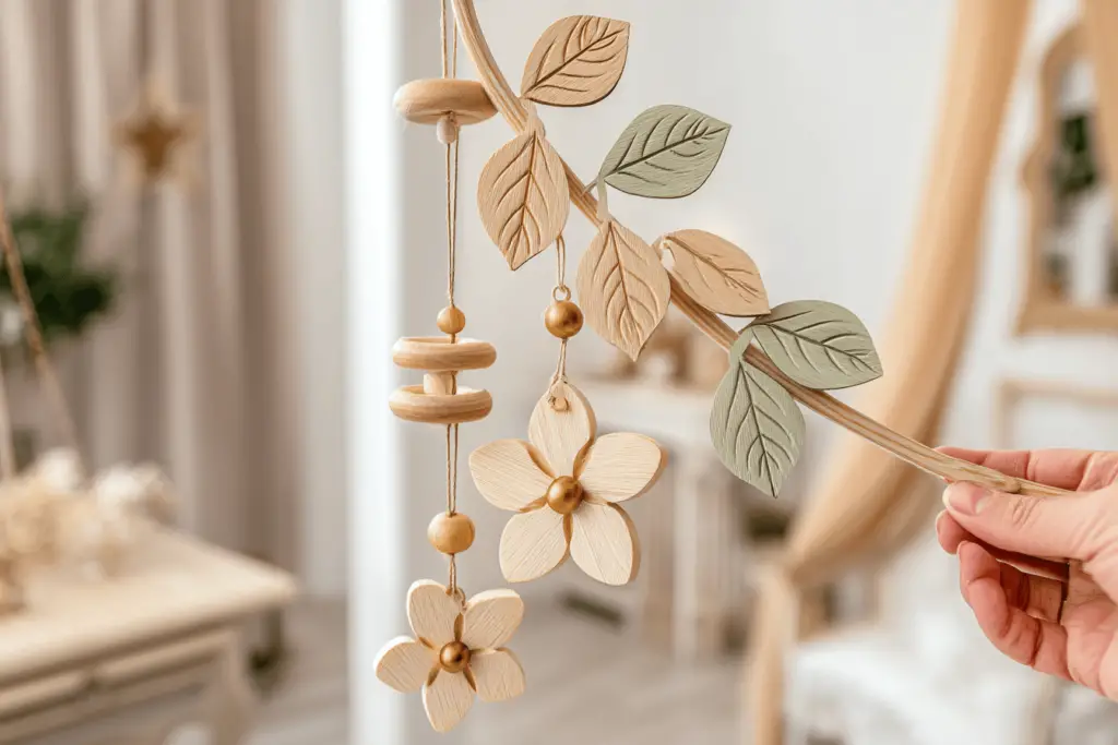Holzdeko mit Blumen und Blättern.