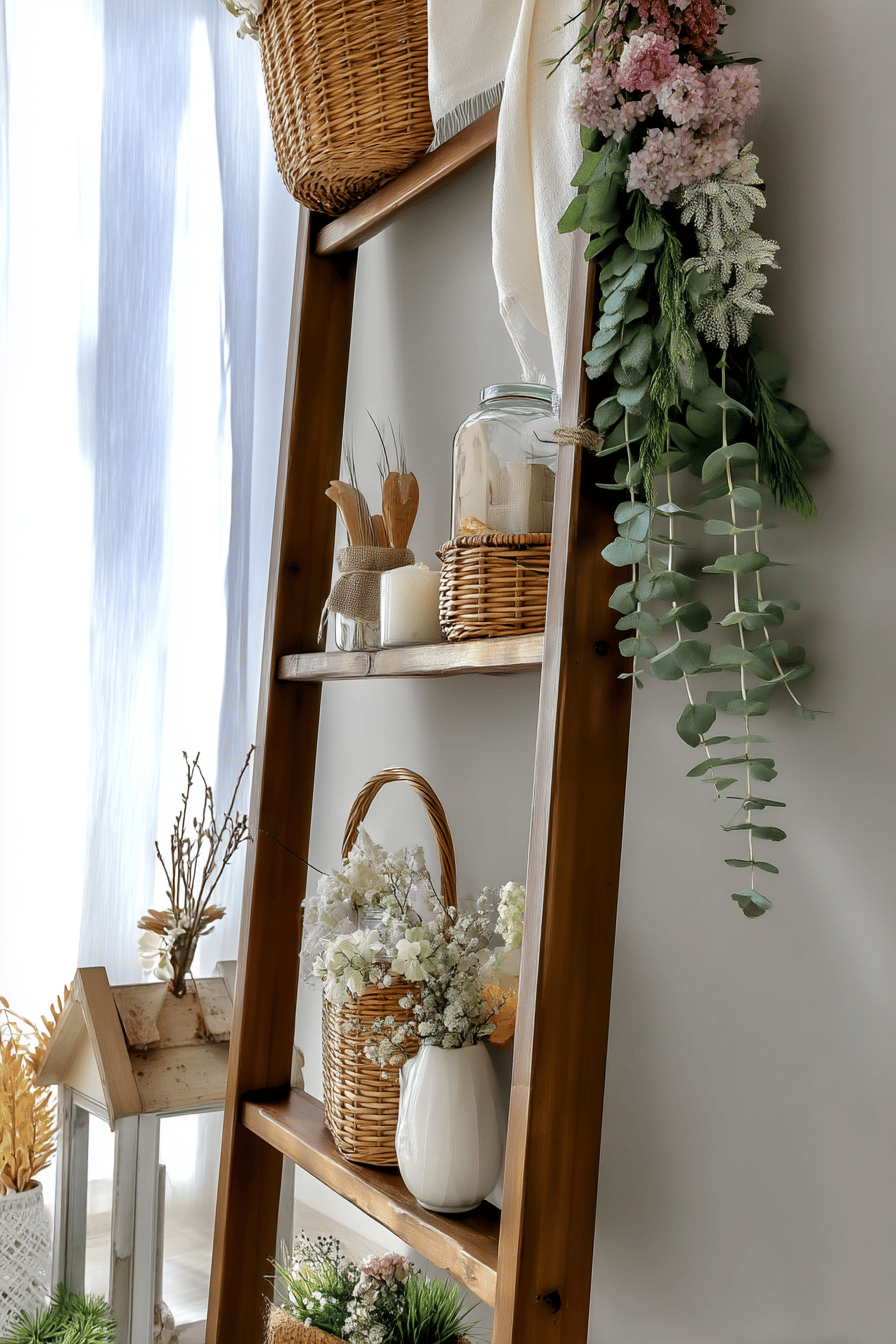 Holzleiter dekoriert mit Körben, Blumen und grünen Zweigen als Frühlingsdeko.