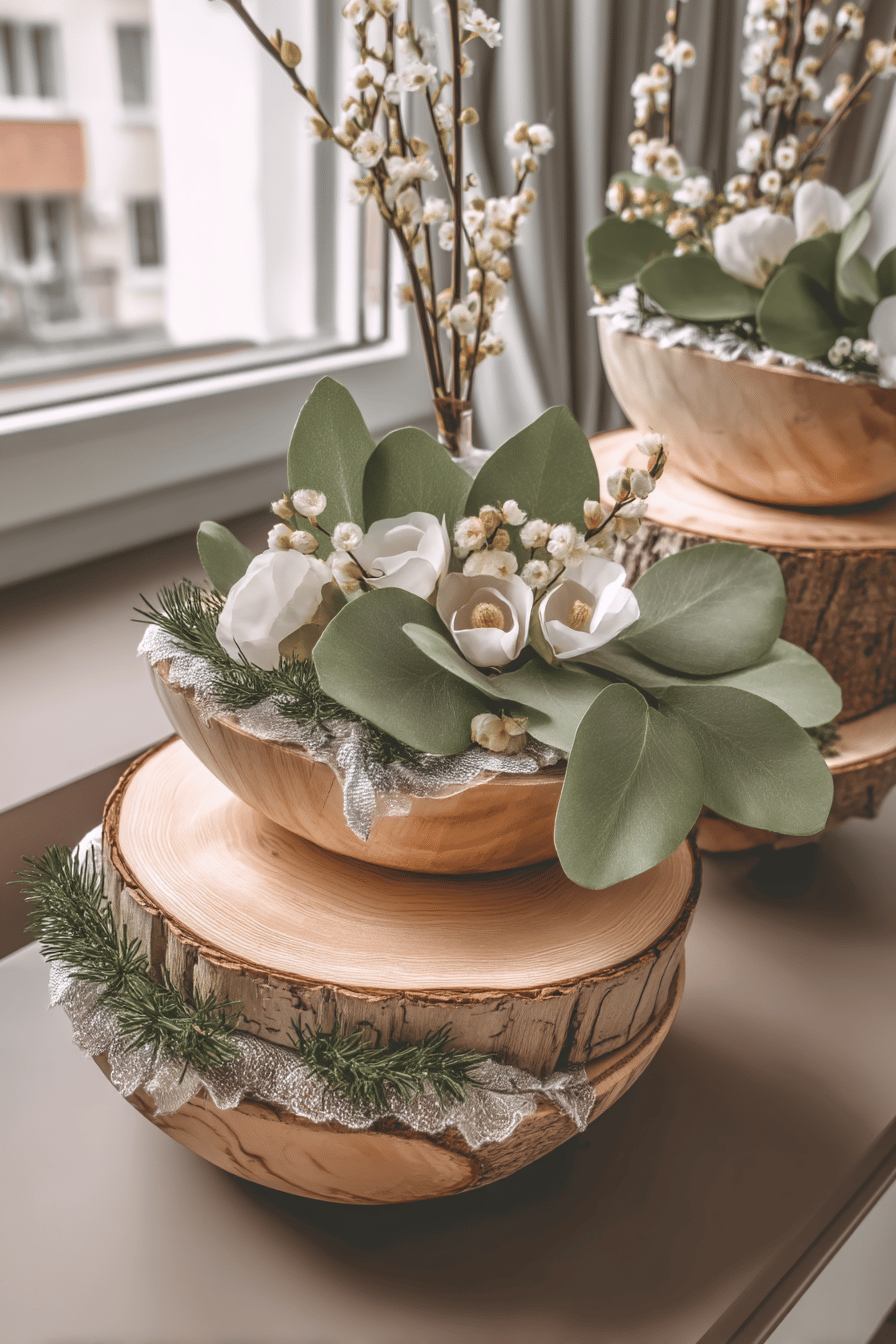 Holzschalen dekoriert mit Blumen und Grün auf Holzscheiben.