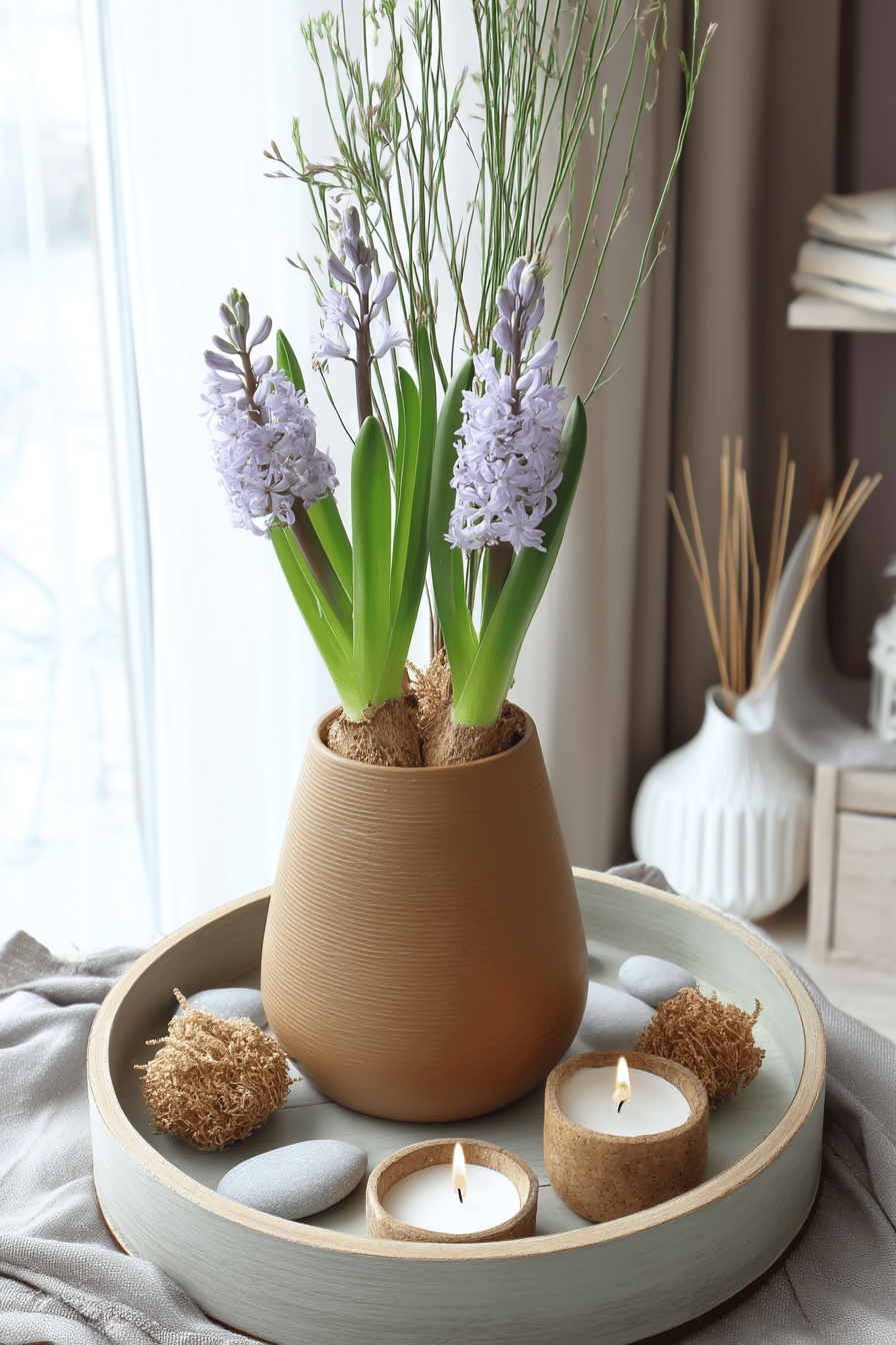 Ein dekoratives Tablett mit einer beigefarbenen Keramikvase, frischen Hyazinthen, Steinen und kleinen Kerzen.