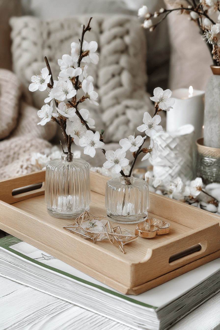 Ein Holztablett mit Vasen voller Kirschblütenzweige und goldenen Dekoelementen.