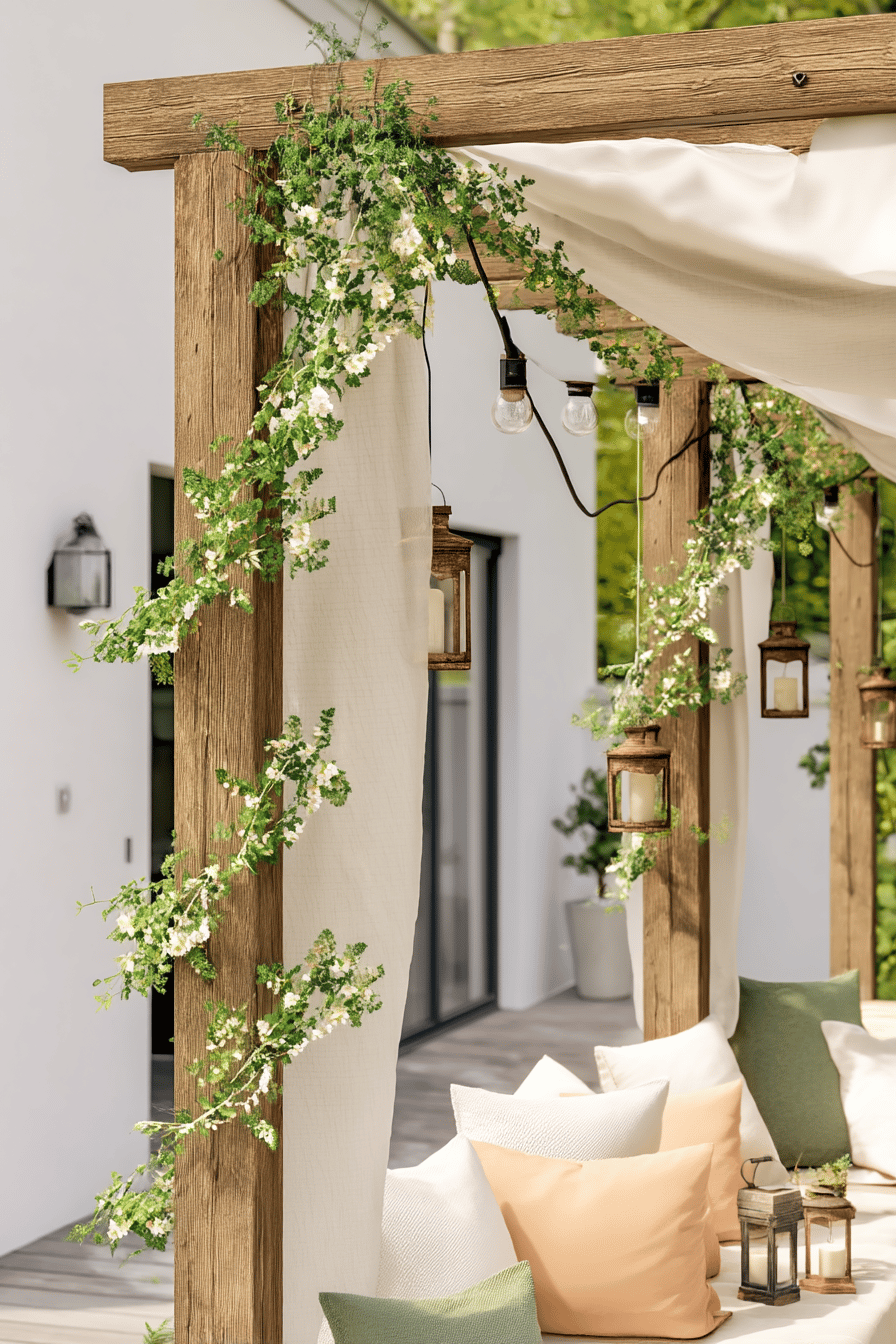 Eine Pergola mit blühenden Kletterpflanzen und gemütlichen Kissen.