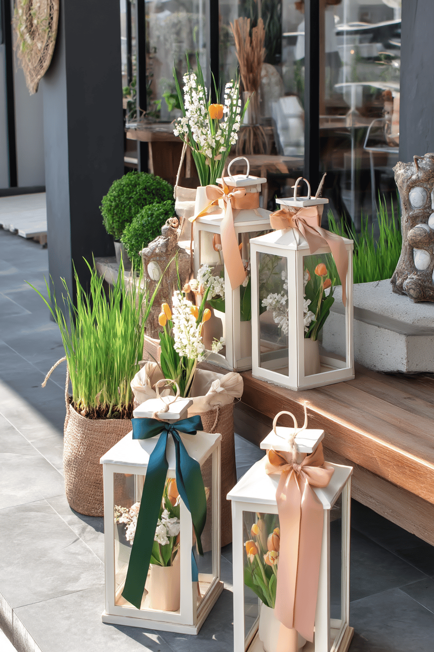 Dekorierte Laternen vor einem Haus mit Blumen und Schleifen.
