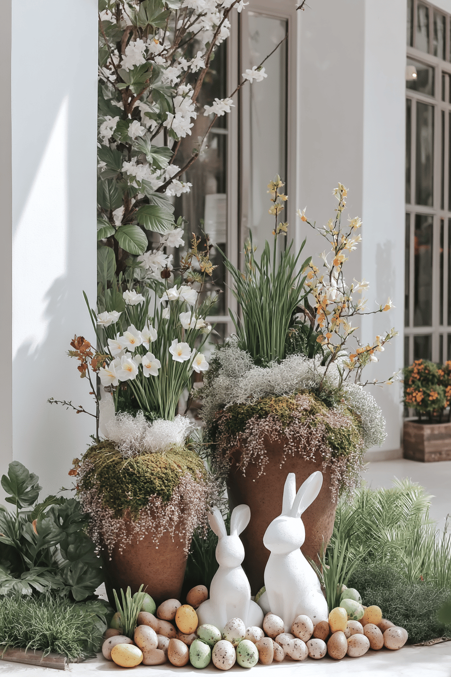 Dekorierte Blumentöpfe mit Blumen, bemalten Eiern und weißen Hasenfiguren im Garten.