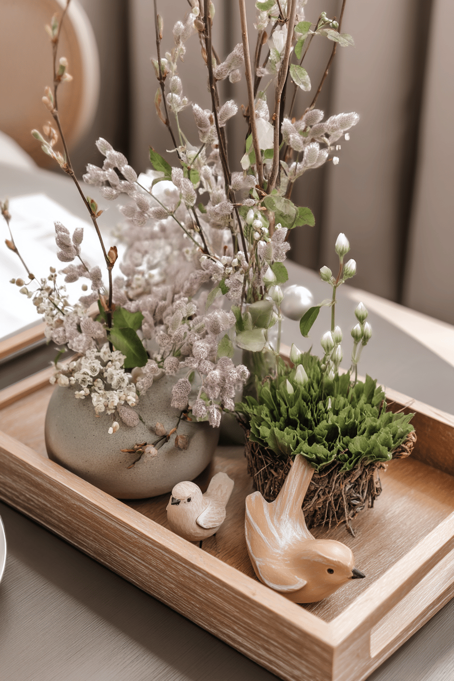 Holztablett mit Frühlingszweigen, Blumen und dekorativen Vögeln.