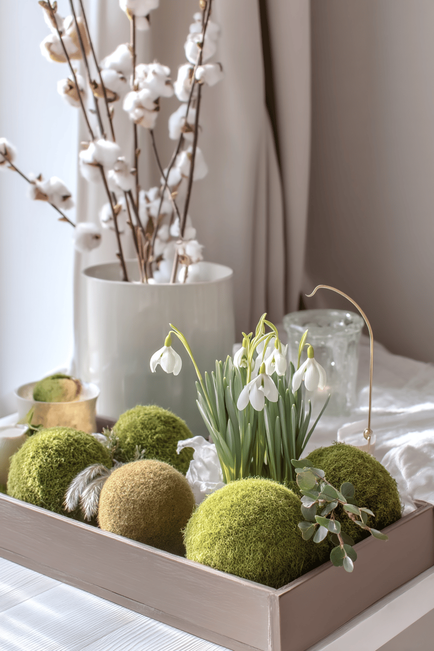 Ein dekoratives Tablett mit Mooskugeln und Schneeglöckchen vor einem Hintergrund aus Baumwollzweigen.