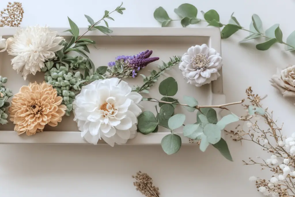 Blumenarrangement mit grünen Blättern für Dekoration