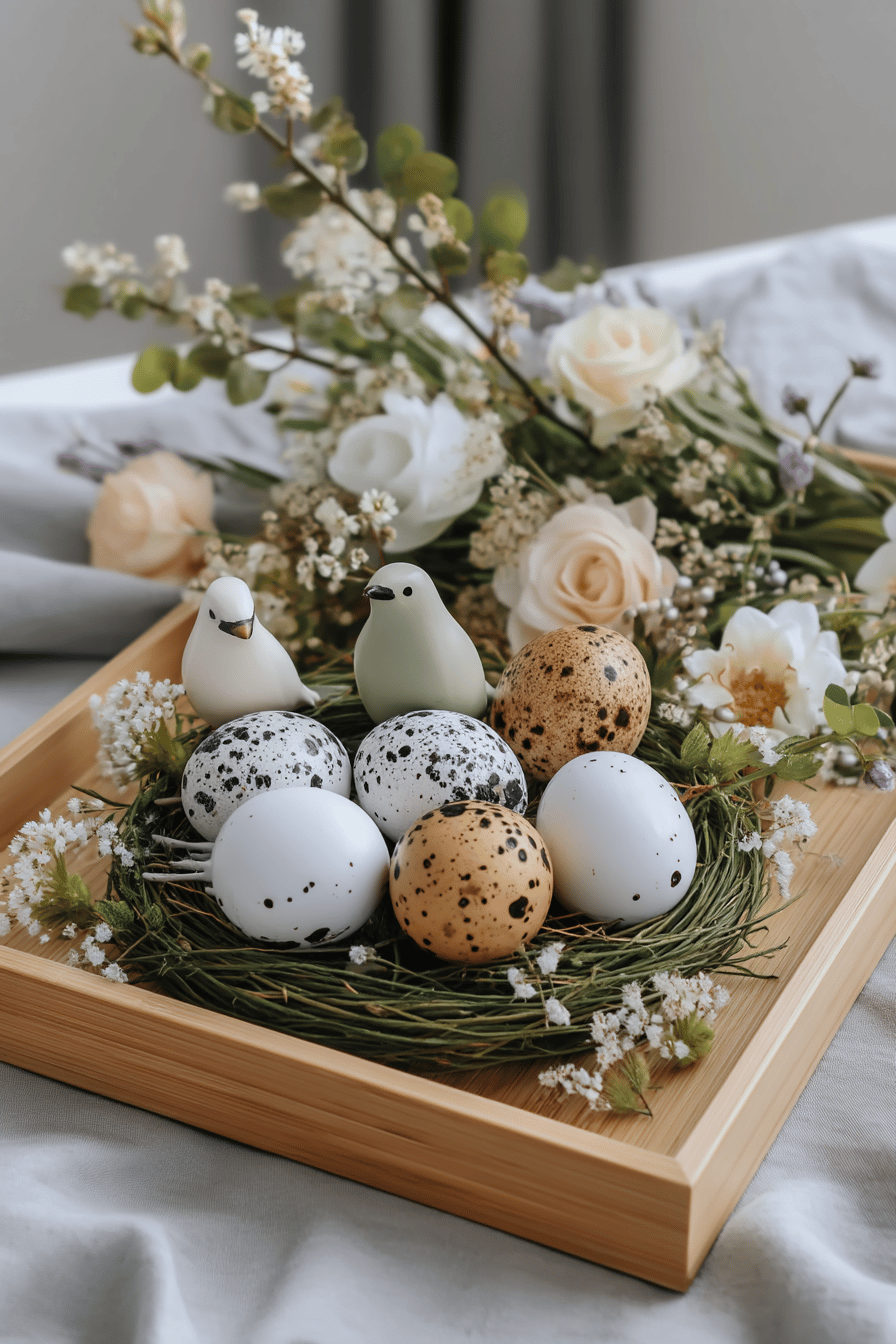 Dekoratives Tablett mit Wachteleiern, Dekovögeln und Blumen.