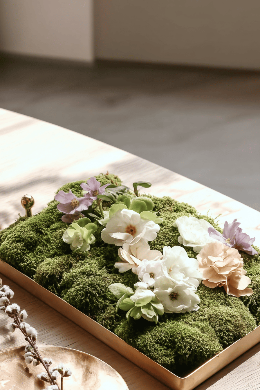Ein Tablett mit Moos, dekoriert mit verschiedenen Frühlingsblüten.