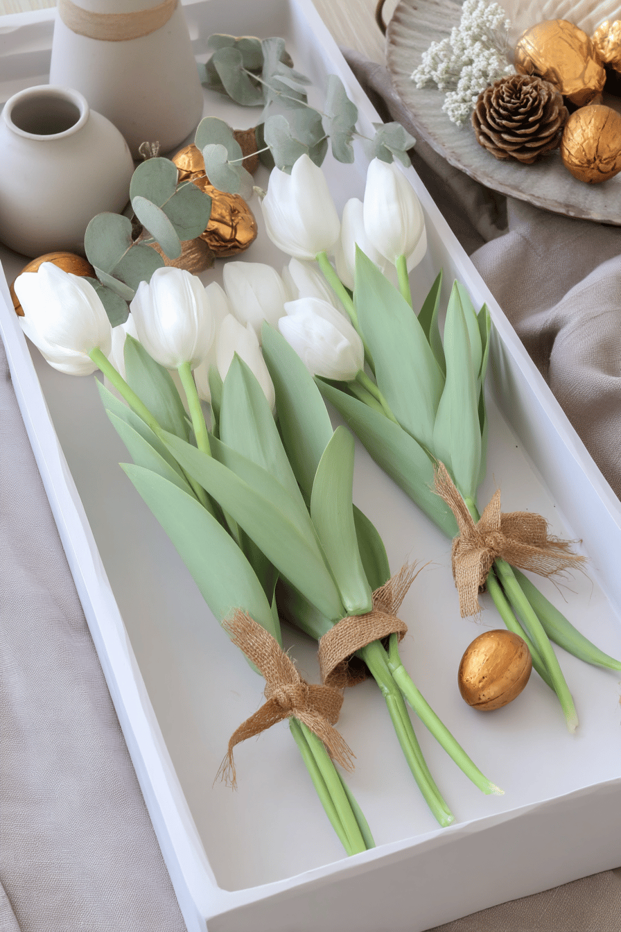 Ein Tablett mit weißen Tulpen, Eukalyptusblättern, goldenen Eiern und Tannenzapfen.