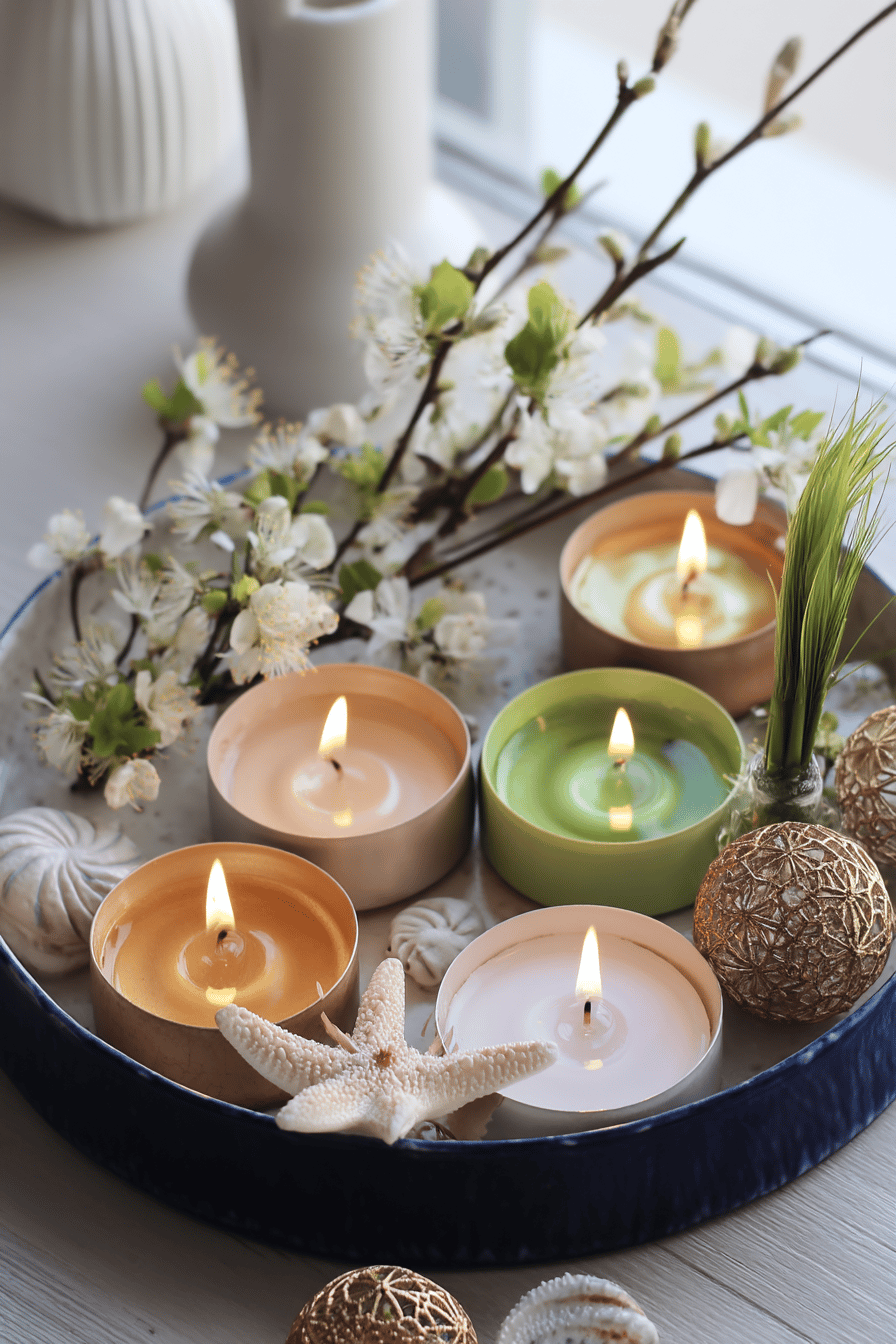 Ein dekoratives Tablett mit pastellfarbenen Teelichtern, weißen Blüten und kleinen Accessoires.