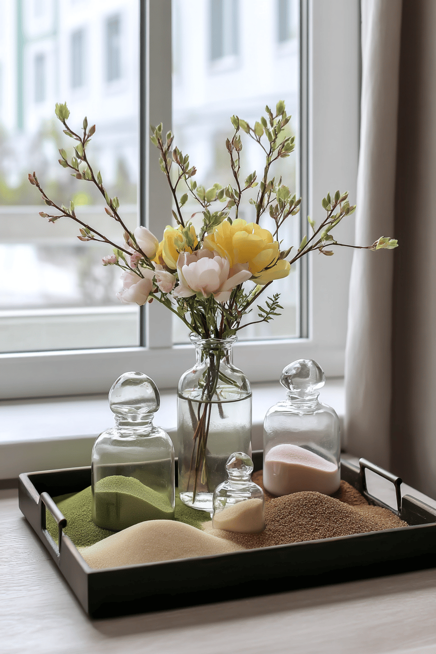 Ein Tablett mit buntem Dekosand und einer Vase mit zarten Blüten.