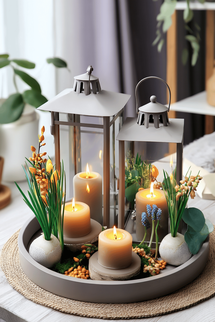 Ein Frühlingsdeko Tablett mit Windlichtern, Kugelkerzen und Blumen.
