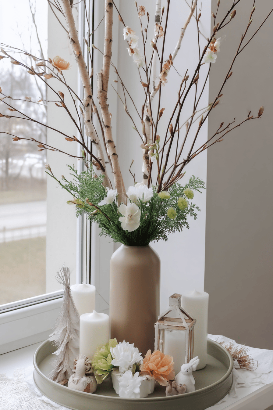 Dekotablett mit Birkenzweigen in Vase, Kerzen und Blumen.