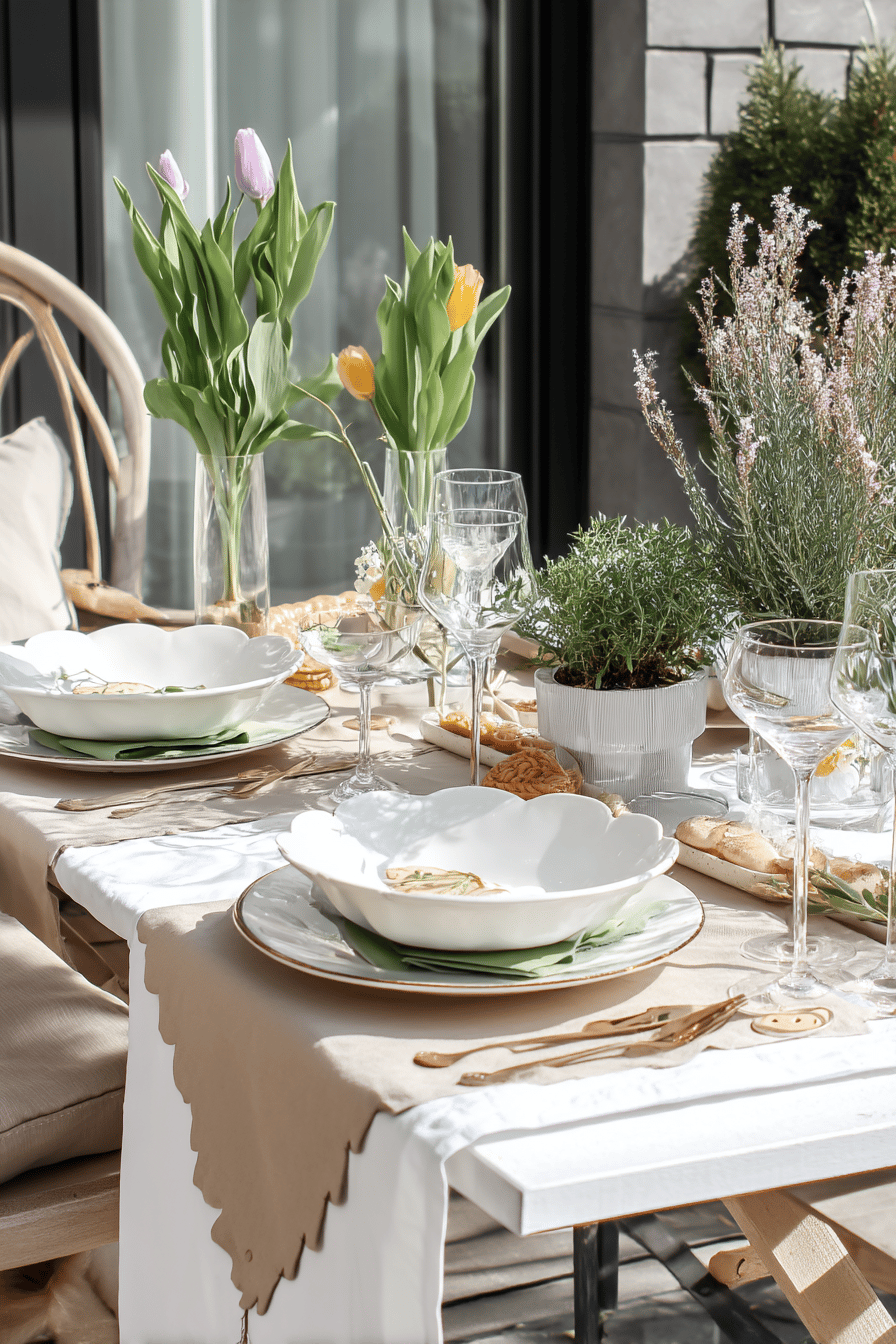 Ein stilvoll gedeckter Tisch im Freien mit Tulpen, Geschirr und Kräutertöpfen.