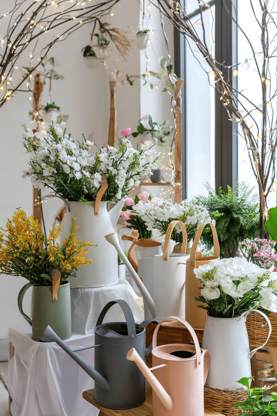 Verschiedene Gießkannen, gefüllt mit Blumen, dienen als kreative Dekoration.