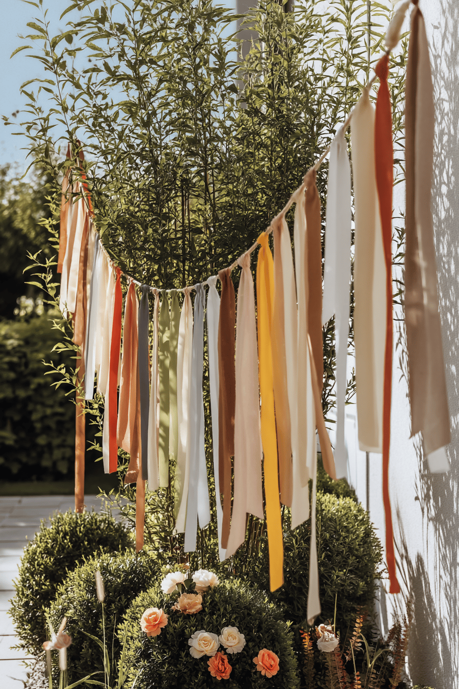 Farbenfrohe Girlanden aus Stoff, die an Sträuchern im Garten hängen.