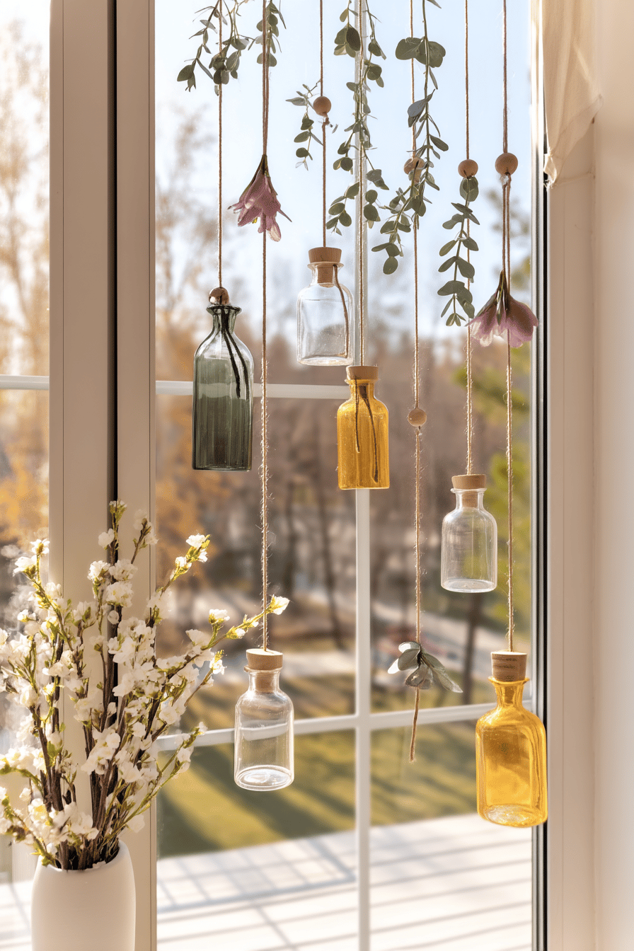 Hängende Gläser und Blumen am Fenster, dekoriert mit grünen Zweigen.