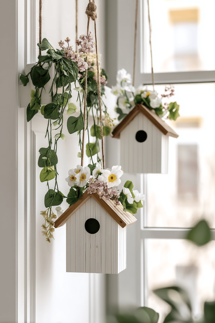 Hängende Vogelhäuschen mit bunten Blumen vor einem Fenster.