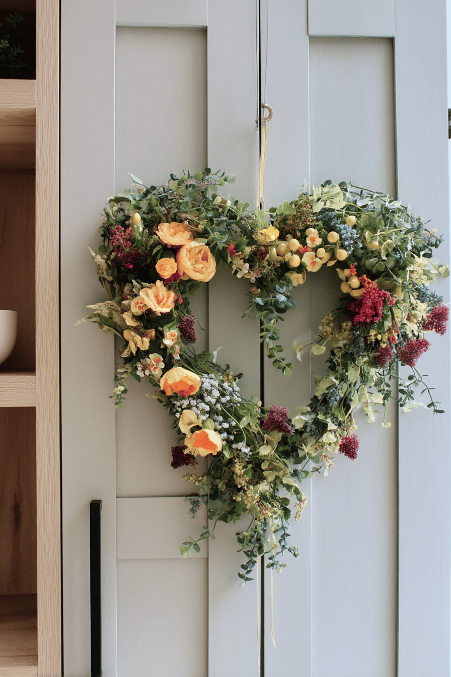 Herzförmiger Türkranz aus bunten Blumen und Grün.