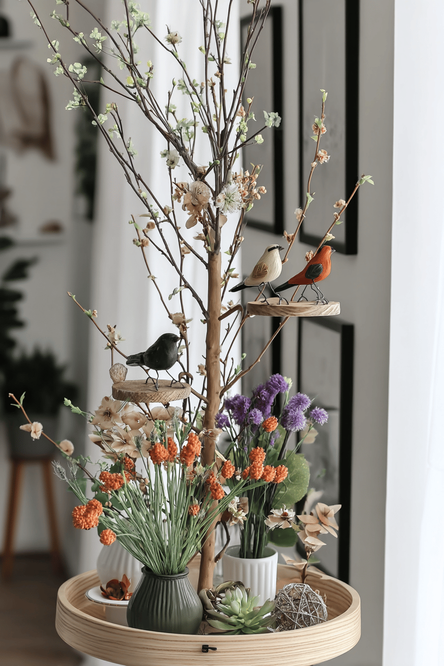 Dekorative Holzaufsteller mit Ästen, künstlichen Blumen und Vögeln.