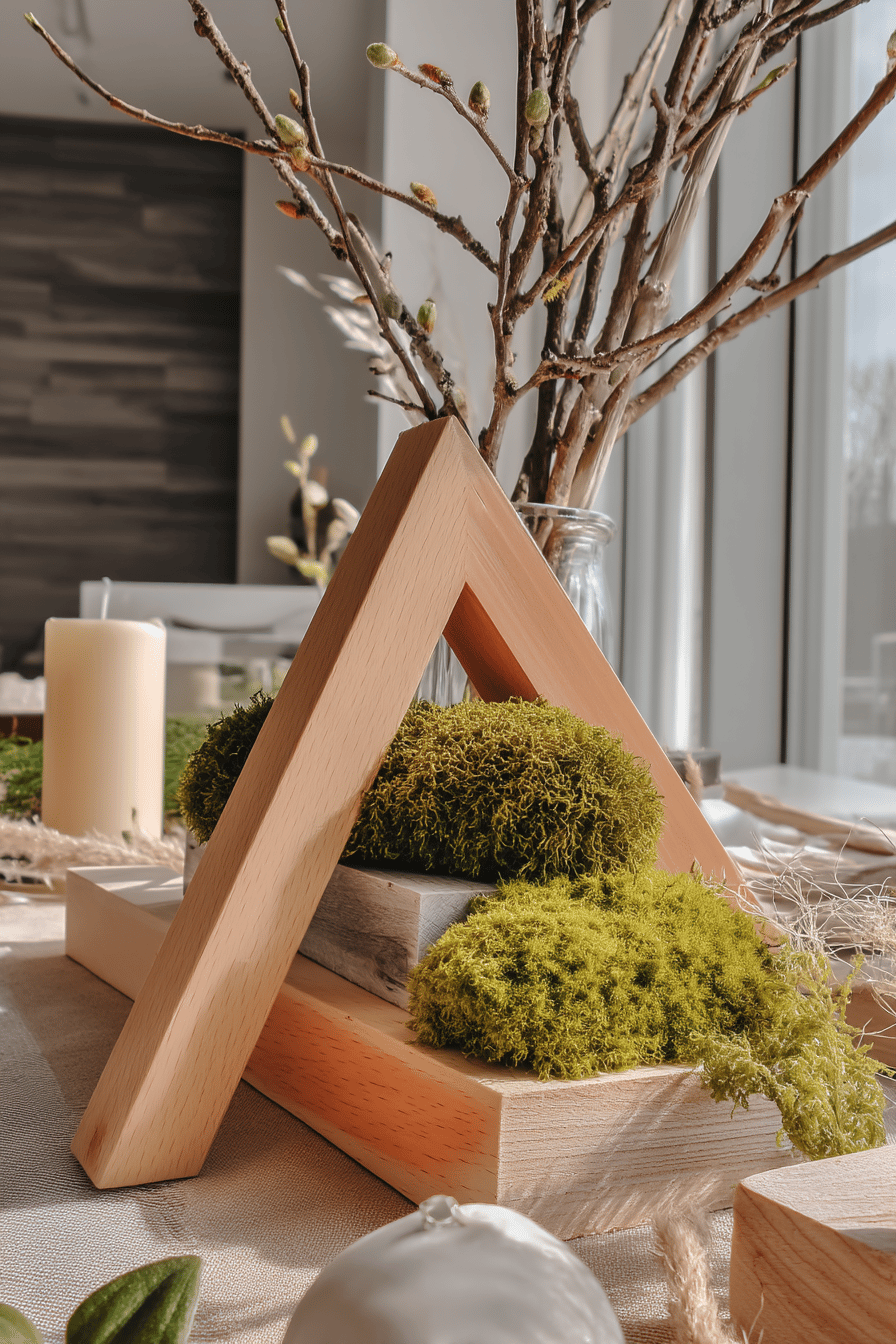 Dreieckige Holzdekoration mit Moos und Zweigen auf einem Tisch.
