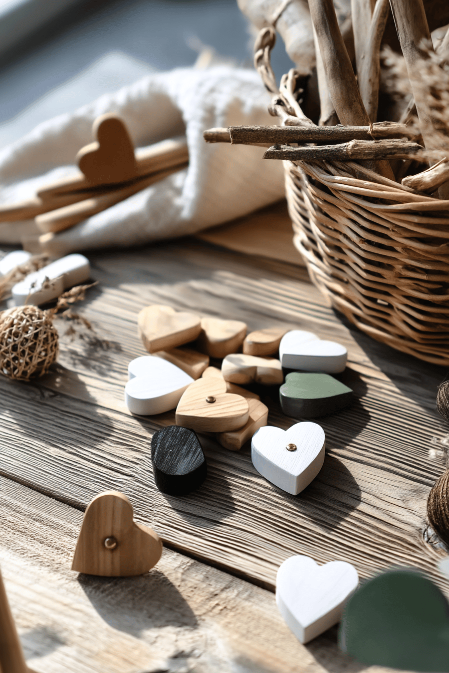 Holzherzen und Holzstäbchen auf einem Holztisch.