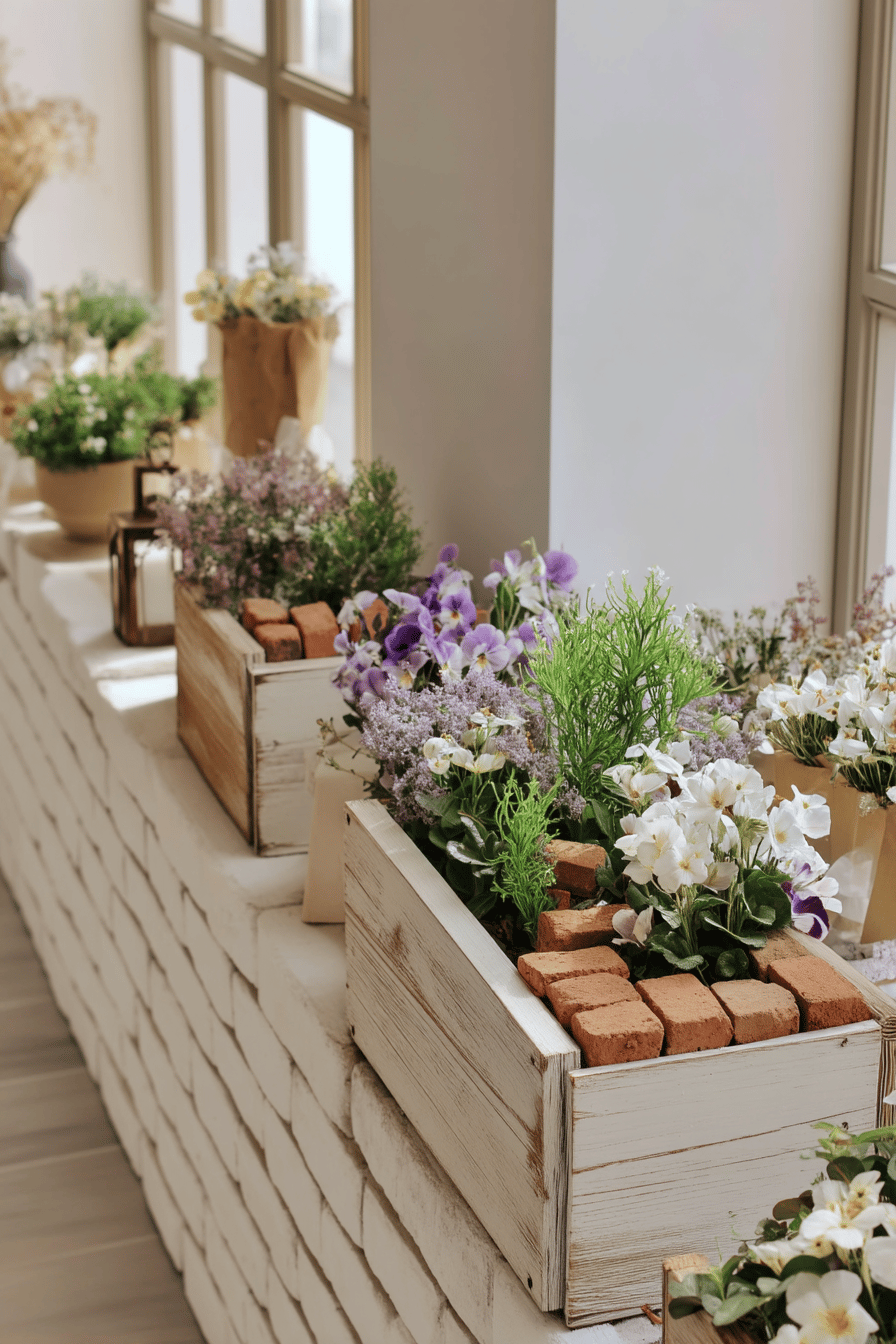 Holzkisten gefüllt mit bunten Blumen und Ziegelsteinen auf einem Fensterbrett.