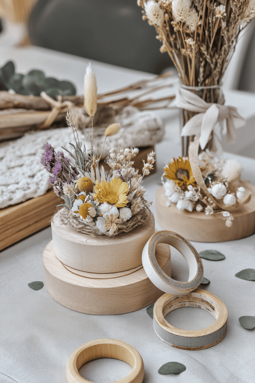 Holzringe mit bunten Trockenblumen auf einem Tisch dekoriert.