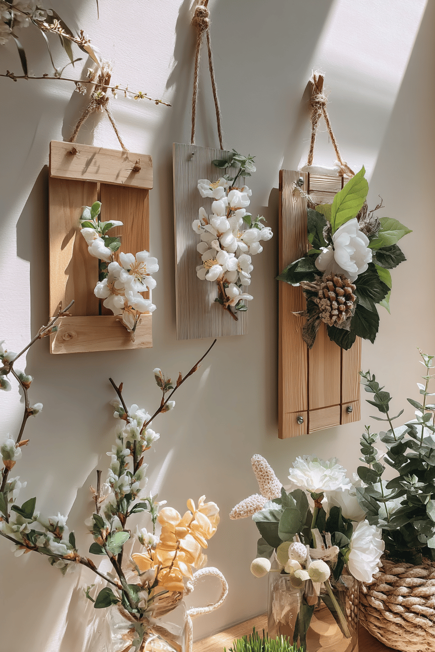 Dreierlei Holzschilder mit Blumenmotiven, die an der Wand hängen.