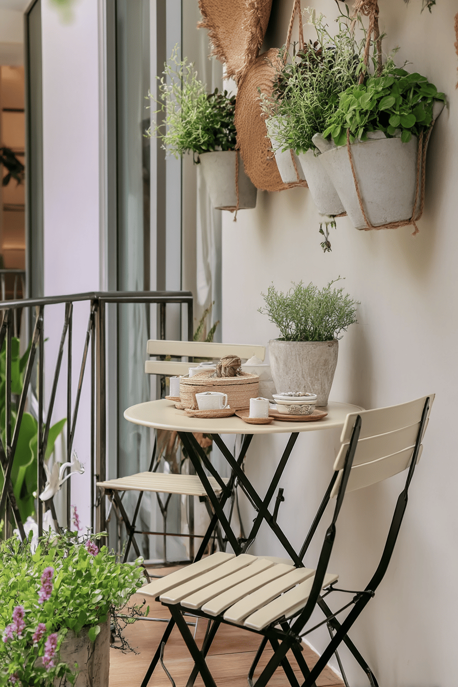 Ein Balkon mit Klapptisch und -stühlen aus Metall, umgeben von hängenden Pflanzen.