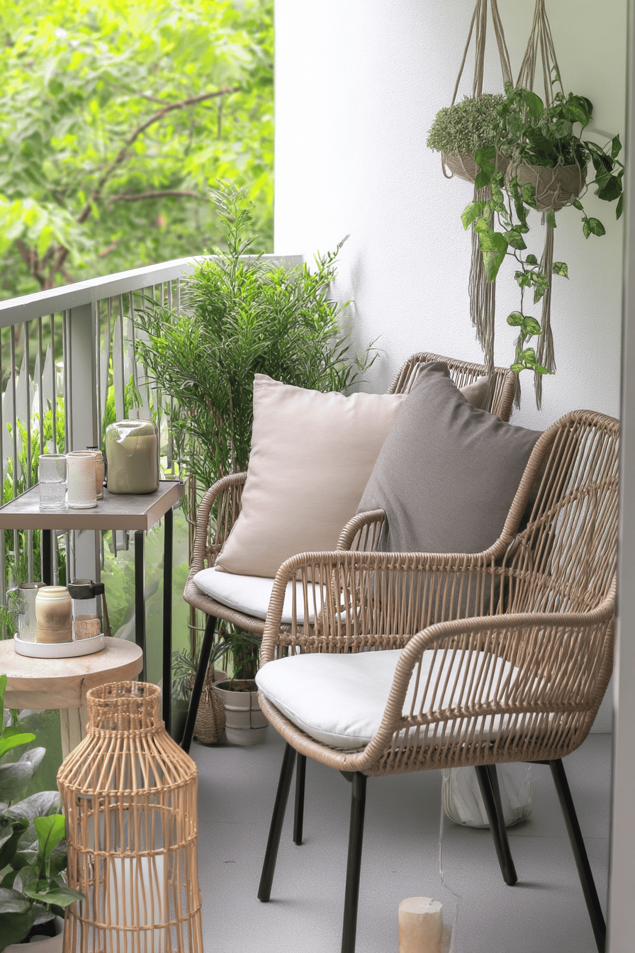 Ein kleiner Balkon mit gemütlichen Rattanstühlen, Pflanzen und hängenden Blumentöpfen.