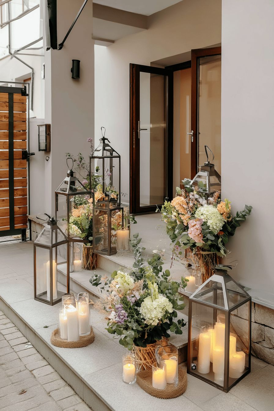 Ein Hauseingang dekoriert mit Laternen und Blumenarrangements.