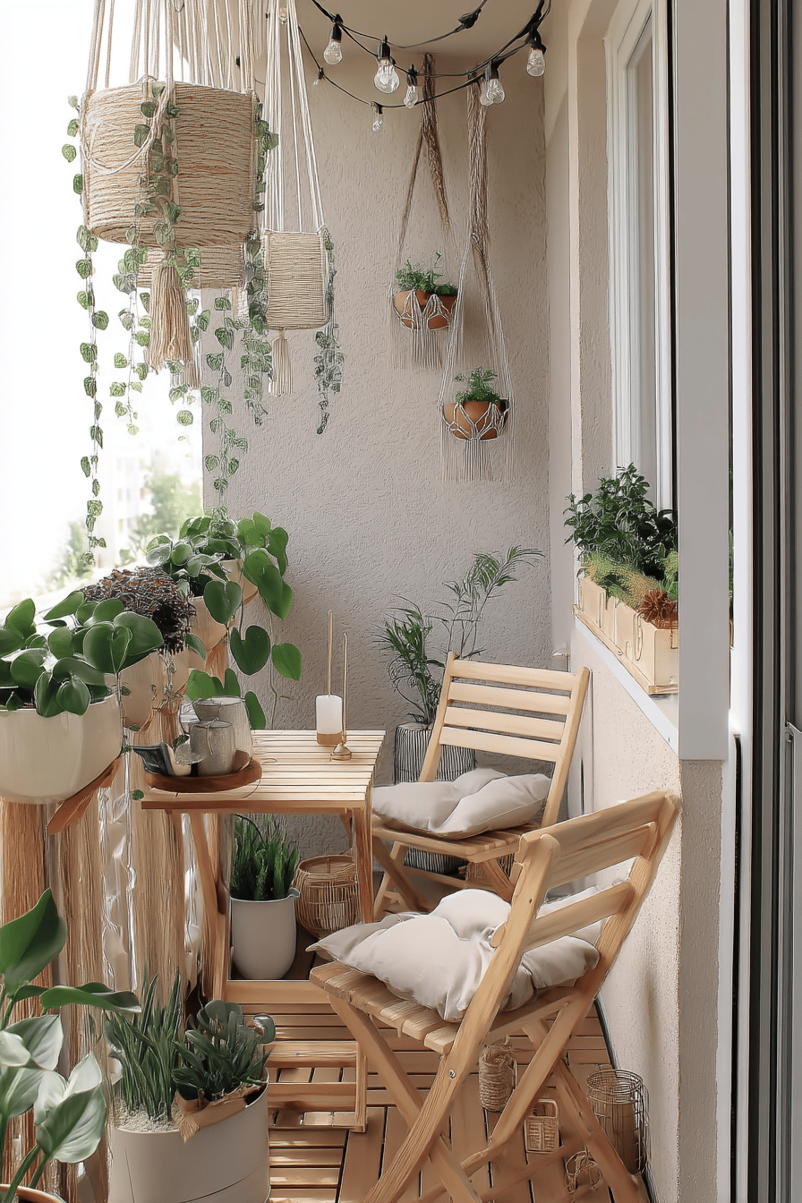 Ein schmaler Balkon mit Holzklappmöbeln, Hängepflanzen und stimmungsvoller Beleuchtung.