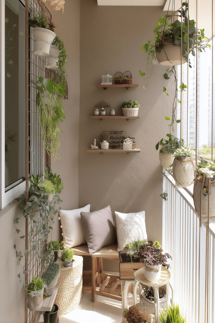 Ein gemütlicher Balkon mit vielen Pflanzen, Hängepflanzen und kleinen Regalen.