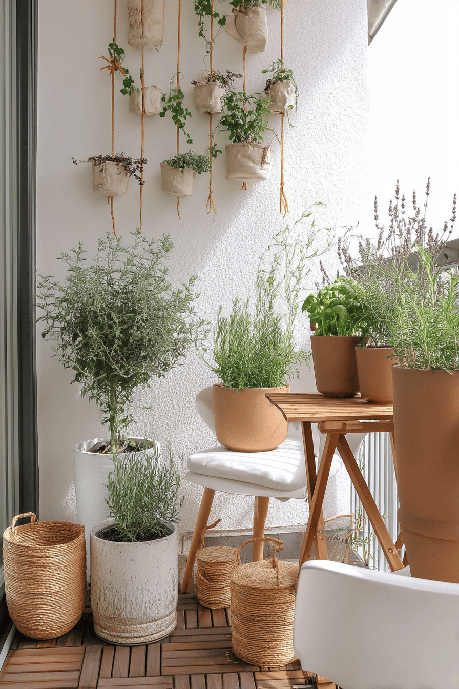 Kleiner Balkon mit hängenden und stehenden Kräutertöpfen und einem Tisch.