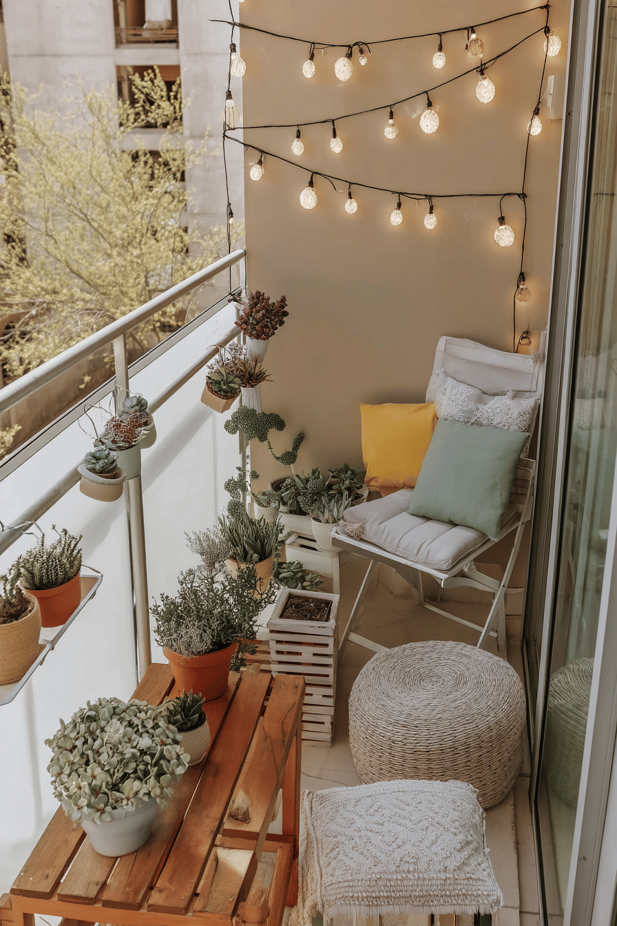 Ein kleiner Balkon mit Stuhl, Kissen, Pflanzen und Lichterketten.