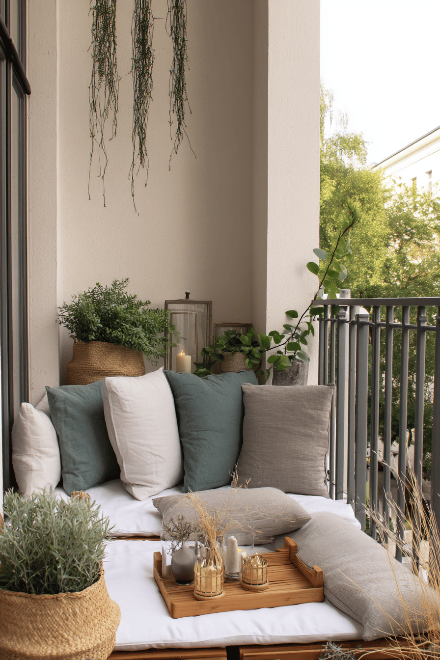 Ein gemütlicher Balkon mit diversen Loungekissen und Pflanzen.