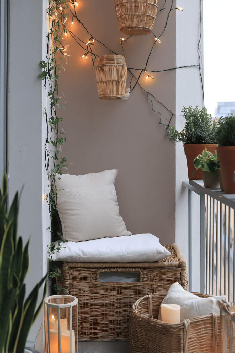 Ein gemütlicher Mini-Balkon mit Sitzkissen, Pflanzen und stimmungsvoller Beleuchtung.