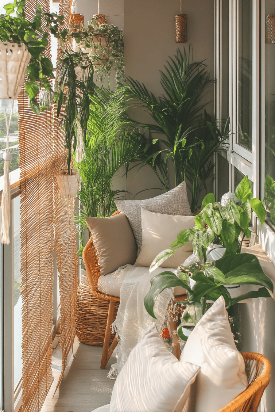 Balkon mit Rattanmöbeln, hängenden Pflanzen und Bambusrollo zur Trennung.