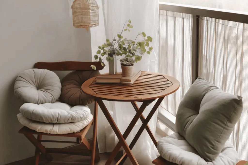 Gemütlicher Balkon mit Tisch, Stühlen und Pflanzen.