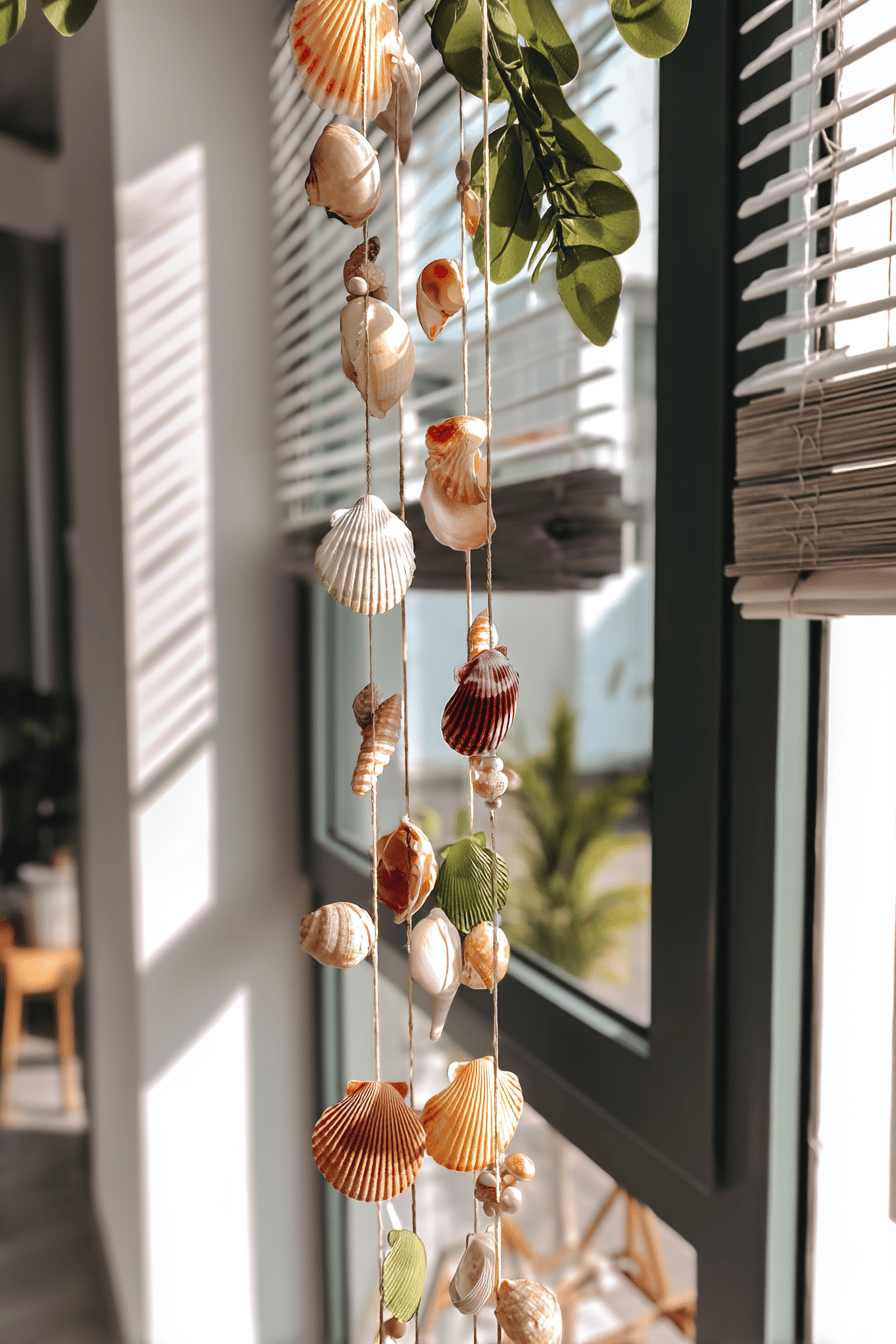 Hängende Dekokette aus Muscheln an einem Fenster mit Pflanzen im Hintergrund.